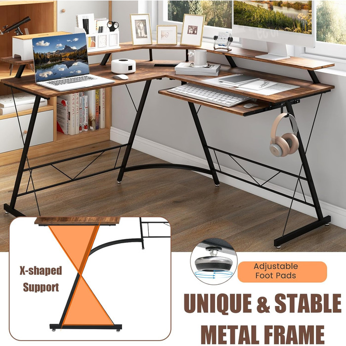 Кутовий стіл LIFEZEAL L-подібної форми, комп&39ютерний стіл з кріпленням для монітора, стіл із зарядною станцією, підставкою для клавіатури та гачком для навушників, кутовий стіл для дому, офісу, спальні (коричневий)