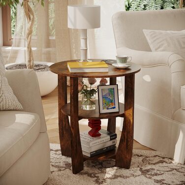 Круглий дерев&39яний журнальний столик, журнальний столик у вінтажному пасторальному стилі, 3-ярусний круглий журнальний столик з місцем для зберігання, тумбочка біля ліжка, маленький столик, журнальний столик для вітальні, спальні, балкону (вінтажний кор
