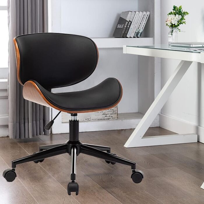 Дерев&39яне офісне крісло Mingone, комп&39ютерне крісло, ергономічне робоче крісло на 360, обертове крісло, дизайн крісла з крилами та колесами, регульована висота, шкіра, чорний колір, до 150 кг, чорні ніжки, стиль 1