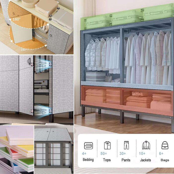 Складана шафа, 500 кг, тканинна шафа великої місткості 242 см з 2 рейками для вішалок, переносна тканинна шафа з чохлом для спальні (сірі двері D, 85 см) D Сірі двері 85 см