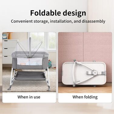 Дитяче ліжечко OHMG Side-by-Side, дитяче ліжко, дитяча колиска, дитяче ліжко 3 в 1 для новонароджених, ліжко-гойдалка для дому та подорожей з колесами, регульована висота 6 шт. (сірий (80x40x100-115 см))