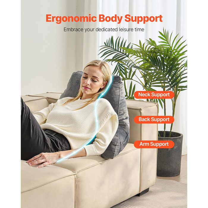 Подушка для читання VEVOR (велика) з подрібненим пінним матеріалом з ефектом пам&39яті, подушка для спини (381 x 508 x 254 мм) з 3 кишенями та коротким оксамитовим чохлом, який можна прати, верх з ручкою, для перегляду телевізора, читання, ігор