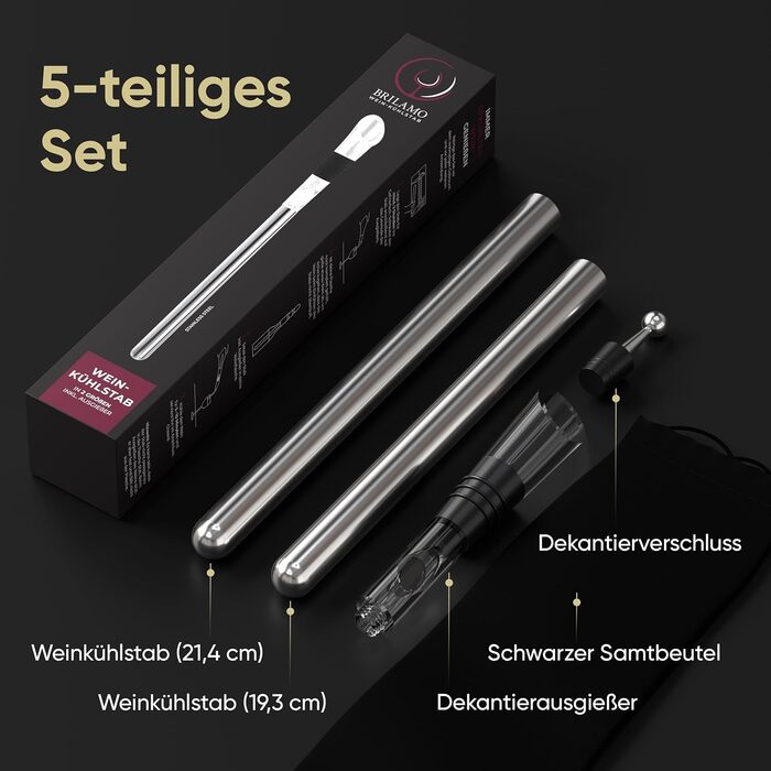 Штанга для охолодження вина Brilamo I Охолоджувач для вина з нержавіючої сталі I Набір з 5 предметів 2 шт. анги з оксамитовим міше