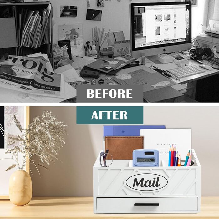 Дерев&39яний настільний органайзер для пошти, робочий органайзер для пошти з 6 відділеннями та шухлядою для офісу, школи, рахунків та документів, білий дерев&39яний настільний органайзер