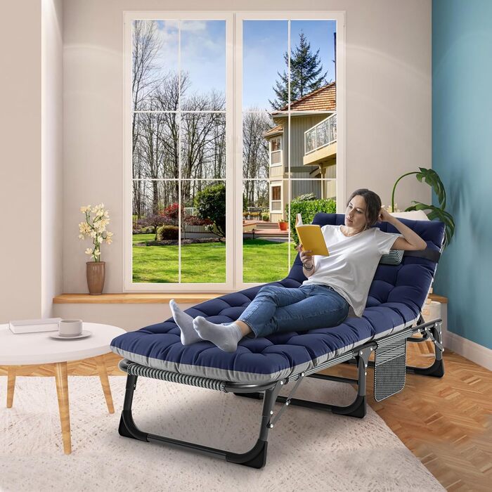 Садовий шезлонг/лежак, що розкладається в 4 сторони, 190 x 68 x 20 см, максимальне навантаження 200 кг, з килимком, підголівником та сумкою для перенесення, для домашнього офісу, відпусток, лікарень та кемпінгу, синій