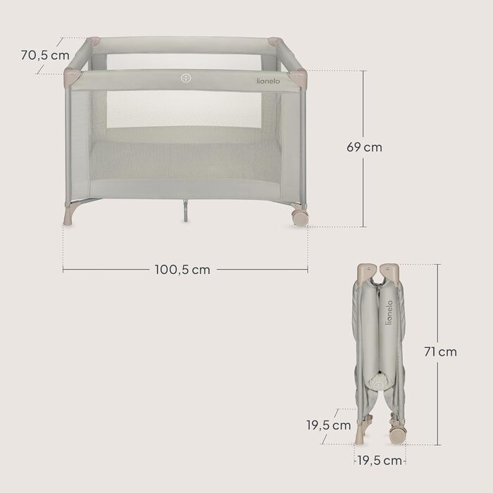 Дитяче ліжечко Lionelo Amelie, від народження до 15 кг, маленьке, складне, м&39який розкладний матрац, 100,5 x 70,5 см, 2 колеса, бічний вхід, дорожня сумка бежевого кольору