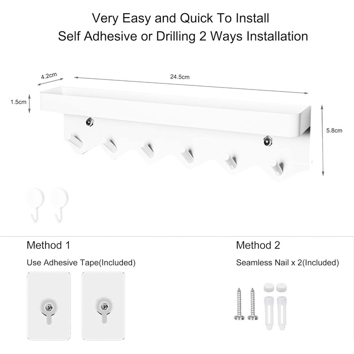 Тримач для ключів Echehi з 6 гачками, 2 способи встановлення, стійка для ключів без свердління Підходить для вхідних груп і за две