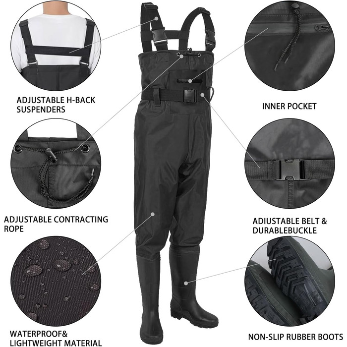 Вейдерси для чоловіків та жінок, рибальські вейдерси з чобітьми, рибальські штани для дорослих з чобітьми, дихаючі водонепроникні вейдерси для любителів спортивної риболовлі, риболовлі, водних видів спорту, активного відпочинку B-43