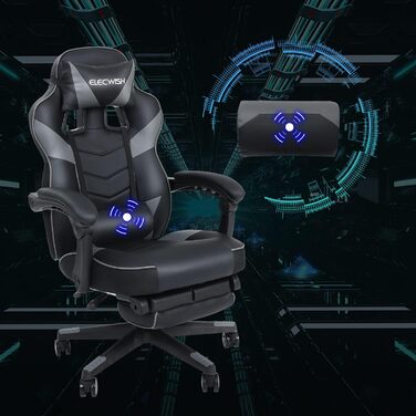 Ігрове крісло Fullwatt, ергономічне офісне крісло для гонок з функцією масажу, підставка для ніг, регульована спинка 90-150, знімний підголівник та поперекова опора, шкіра штучна, сірий та чорний, для дорослих