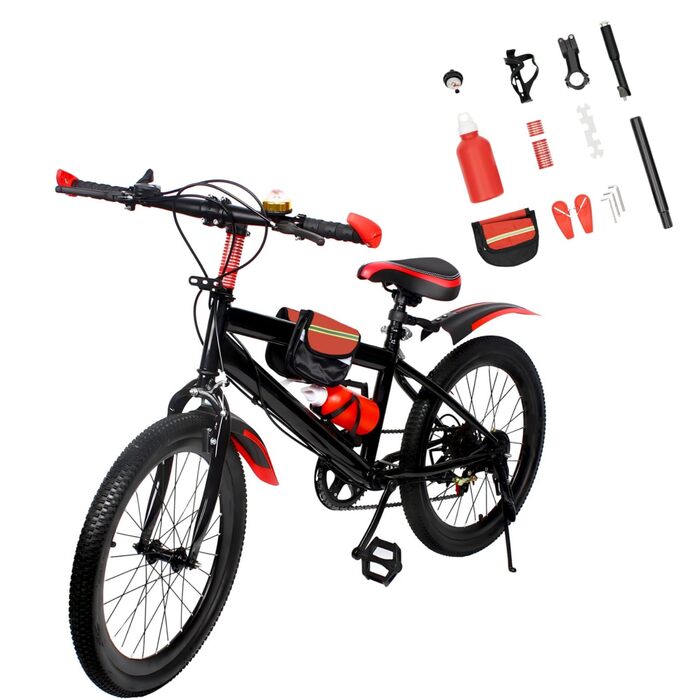 Дюймовий дитячий гірський велосипед, 7-швидкісний дитячий велосипед для хлопчиків та дівчаток з пляшкою для води, сумкою для зберігання, дзвіночком-компасом, велосипед з вуглецевої сталі, вантажопідйомність 85 кг, червоний, 20-