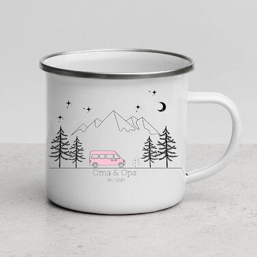 Емальована кружка &quotМаленька Матильда&quot, барвиста персоналізована кемпінгова кружка з іменем для кемпінгу, кавова кружка, аксесуар для каравану, кружка з нержавіючої сталі, подарунок для кемперів (рожевий кемпер)