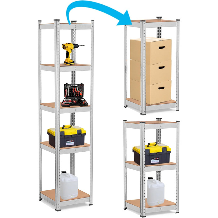 Міцний стелаж - Металевий - Підвал - Гараж - Зберігання - Обладнання для майстерні - Стелаж для інструментів - з 5 полицями з МДФ - Настінна полиця - Стелаж без болтів - Стоячий - Високий - 180x40x40 см Сталь 40x40x180