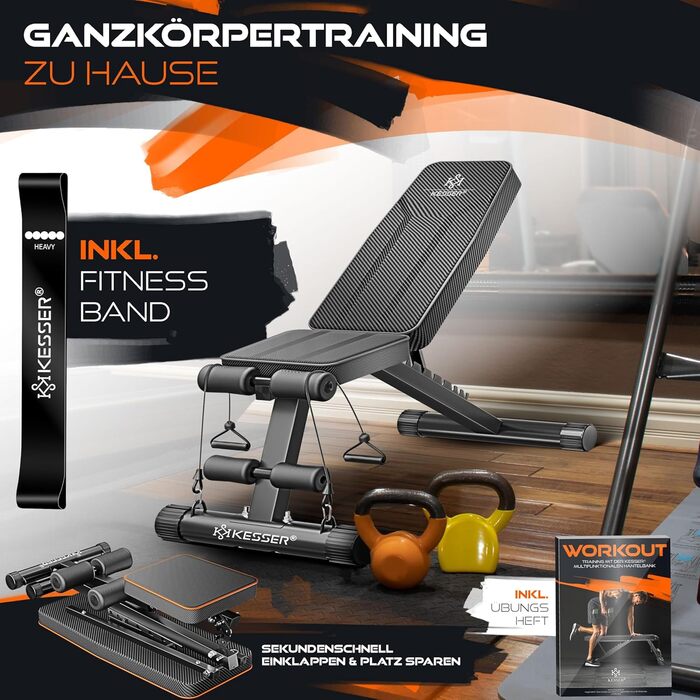 Складана силова лава KESSER, багатофункціональна тренувальна лава зі спинкою, вантажопідйомність 500 кг Регульована лава, фітнес-обладнання для жиму лежачи Тренування всього тіла, похила лава для фітнесу та тренувань, чорний/антрацит