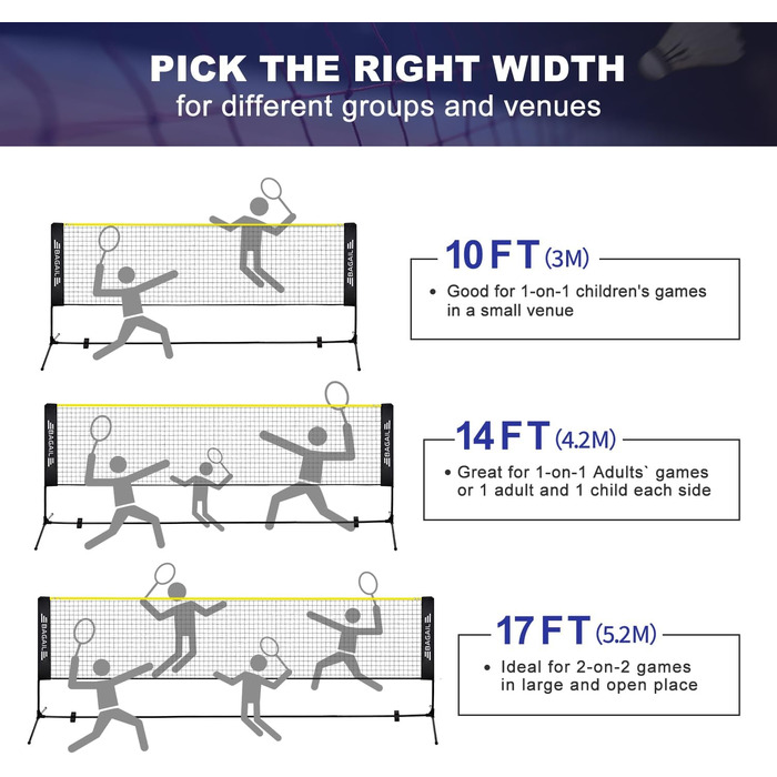 Сітка для бадмінтону BAGAIL, складна нейлонова сітка, регульована по висоті підставка та сумка для перенесення, легко встановлюється та знімається, ідеальна спортивна сітка для тенісу, бадмінтону або волейболу, 3M жовтий/чорний