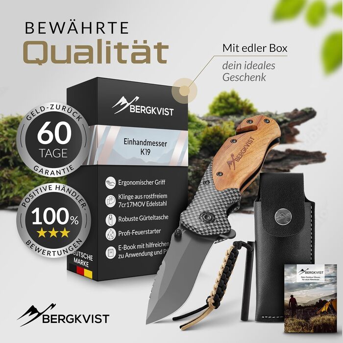 Складаний ніж BERGKVIST K19 (одноручний) з дерев'яним руків'ям та титаном для активного відпочинку та виживання - кишеньковий ніж