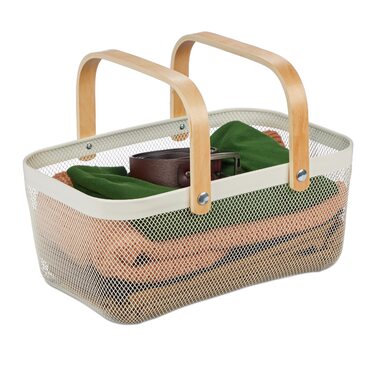 Дротяний кошик Relaxdays з ручкою, квадратний, кошик для зберігання з металу та дерева, кошик для посуду для кухні, ванної кімнати, вітальні, білий