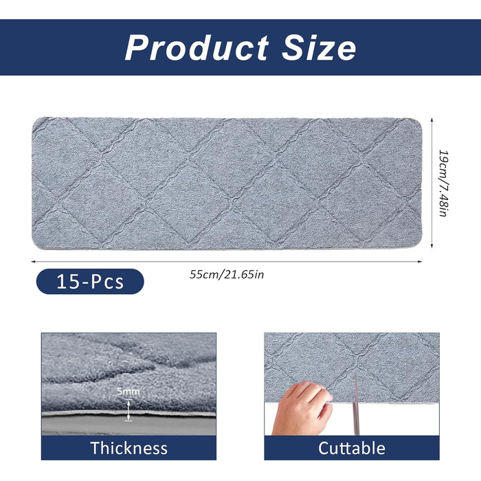 Килимки для сходів 55x19 см, самоклеючі протиковзкі килимки для сходів для використання в приміщенні, багаторазові, можна різати для дерев&39яних сходів, ідеально підходять для дітей, людей похилого віку, домашніх тварин (світло-сірі, 55x19 см), 15 шт.