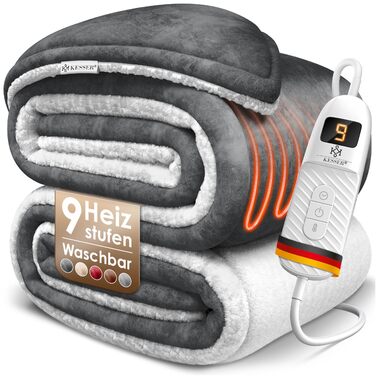 Електрична ковдра з підігрівом KESSER з автоматичним вимкненням 200x180 см, двостороння Затишна ковдра для ліжка, дивана 9 температурних режимів Можна прати до 40C з таймером та цифровим дисплеєм Антрацит