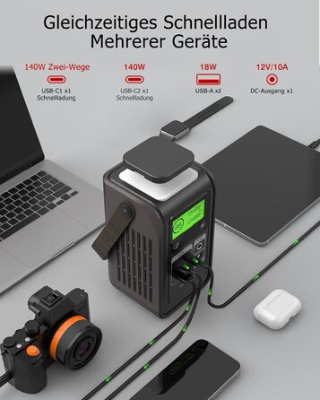 Портативна зарядна станція, портативний акумулятор LiFePO4 ємністю 192 Втгод, живлення постійного струму 180 Вт, зарядний пристрій 140 Вт, двостороння швидка зарядка USB-C, сонячний генератор для кемпінгу, подорожей та надзвичайних ситуацій (без адаптера 