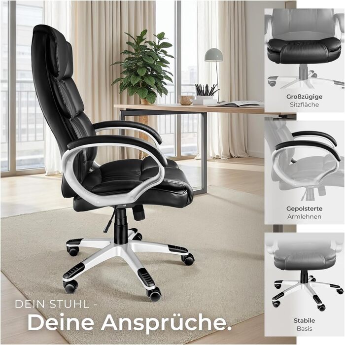 Крісло керівника tectake, офісне крісло з підкладкою 12 см, робоче крісло з підлокітниками та функцією гойдання, ергономічне офісне крісло, регульоване по висоті, ПК-крісло, обертове крісло з колесами, під шкіру - чорне