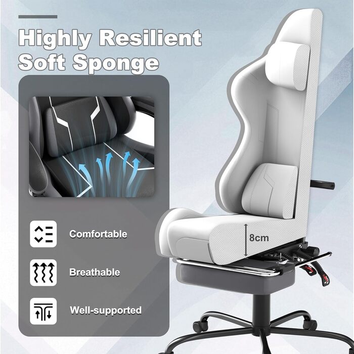 Ігрове крісло Froadp з масажем, підставкою для ніг та підголівником, ергономічне ігрове крісло з масажною поперековою подушкою, регульована спинка 90-135, шкіра штучна - чорний, сірий та білий