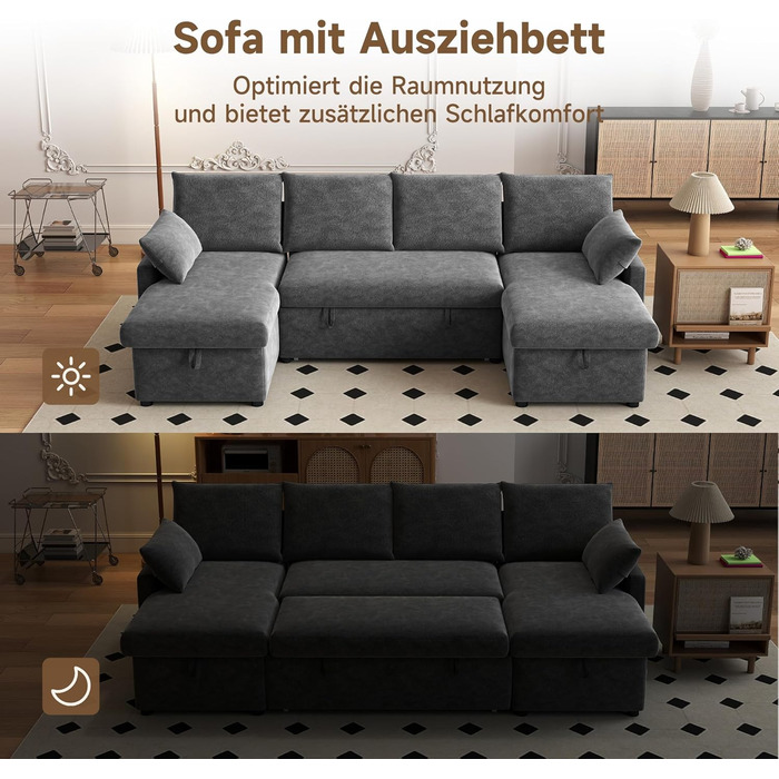 Подібний кутовий диван зі сном та місцем для зберігання речей, диван-ліжко 265 см, розкладний диван з шезлонга для вітальні, квартири, готелю, темно-сірий шеніл - темно-сірий матовий 265 см U-подібний