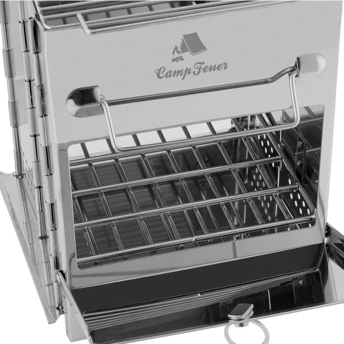 Складаний гриль з нержавіючої сталі CampFeuer 22 x 20,5 x 27 см Складаний гриль Кемпінговий гриль для походів та використання на свіжому повітрі Складаний портативний гриль, портативний кишеньковий гриль, сріблястий кемпінговий гриль