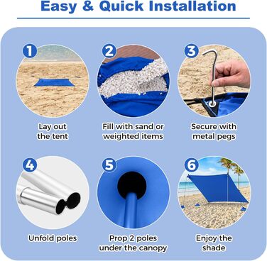 Пляжний сонцезахисний намет HOMASIS, сонцезахисний намет UPF 50, пляжний намет з лайкри з кріпленнями для піску та 4 мішками з піском, сонячне вітрило з 2 опорними стійками та сумкою для перенесення, сонцезахисний навіс для пляжу та саду (синій, 230 x 200