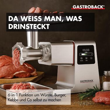 Електрична м'ясорубка GASTROBACK 6-в-1 з насадками для ковбас та печива, 2500 Вт, нержавіюча сталь, сенсорний екран, з пресом для бургерів