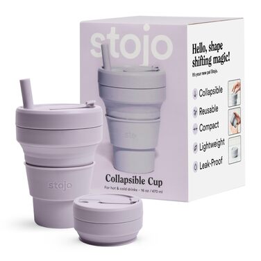 Складана дорожня кружка STOJO з трубочкою, 470 мл, багаторазова, для гарячих і холодних напоїв, ідеально підходить для кемпінгу та походів, можна використовувати в мікрохвильовій печі та мити в посудомийній машині, бузковий колір, 16 унцій (упаковка з 1)