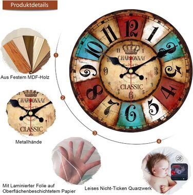 Кварцовий настінний годинник VIKMARI Дерев'яний тихий підвісний годинник, круглий сільський годинник на батарейках, легко читаєтьс