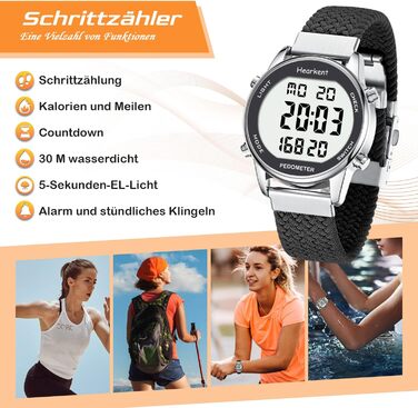 Крокомір для жінок, фітнес-трекер для ходьби, водонепроникний спортивний годинник, лічильник калорій, наручний годинник з великим цифровим дисплеєм, для пенсіонерів, жінок та людей похилого віку, чорний