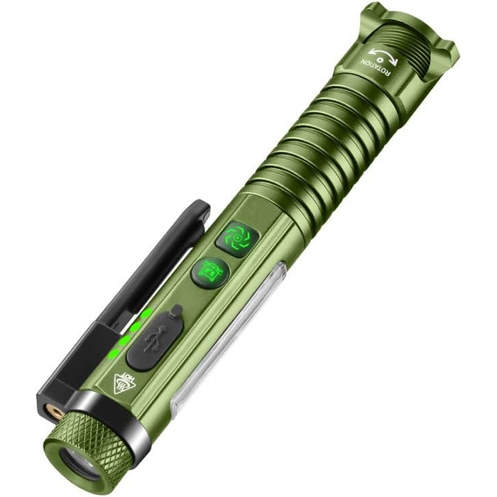 Акумуляторний ліхтарик EDC, світлодіодний робочий ліхтарик 800 люмен із магнітним затискачем та магнітною основою, 11 режимів роботи, пальцевий ліхтарик COB, ідеально підходить для майстерні, дому та аварійного освітлення, великий, зелений