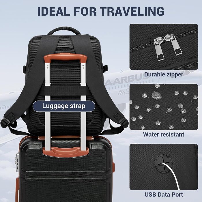 Рюкзак KONO, ручна поклажа, літак, 40x30x20, Ryanair та Eurowings, дорожній рюкзак для жінок та чоловіків, 24 л, надлегкий (500 г), з портом зарядки USB для ноутбуків до 15,6 дюймів, чорний, 40x30x20 см