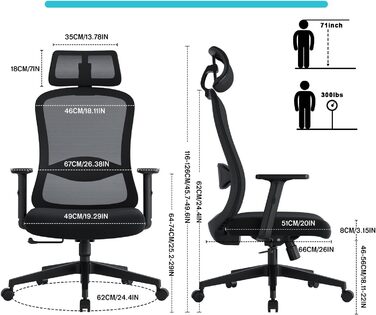 Ергономічне офісне крісло, обертове крісло з поперековою подушкою з пінопласту, офісні крісла з регульованими 2D підголівниками та підлокітниками, крісло для керівника до 150 кг/330 фунтів (чорне)
