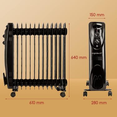 Масляний радіатор Aigostar потужністю 2500 Вт з 13 ребрами, мобільний електричний обігрівач, енергозберігаючий, портативний масляний обігрівач, 3 режими нагріву, термостат, захист від перекидання та перегріву, чорний