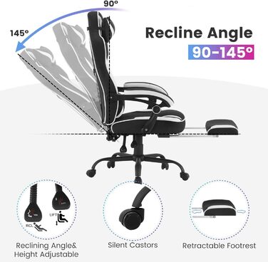 Ігрове крісло WOLTU, дихаюча тканина, ергономічне офісне крісло з поперековою опорою, вантажопідйомність 150 кг, ПК-крісло з великою спинкою та сидінням, чорно-біла шкіряна тканина