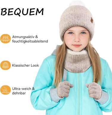 Дитячий зимовий комплект OZERO (6-12 років) - в&39язана шапка, шарф-петля, терморукавички з флісовою підкладкою, нековзні рукавички, теплий комплект із 3 предметів для хлопчиків та дівчаток, для ігор на вулиці та дитячого садка, бежевий