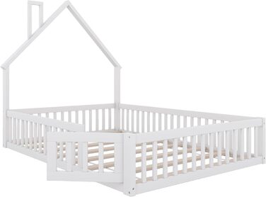 Дитяче підлогове ліжко, двоспальне ліжко 140x200 см з поручнями, рейковою основою та формою димоходу ліжко Монтессорі, ліжечко, домашнє ліжко, дерев&39яне ліжко, каркас ліжка, дитяче ліжко, соснове дерево, без матраца, біле.