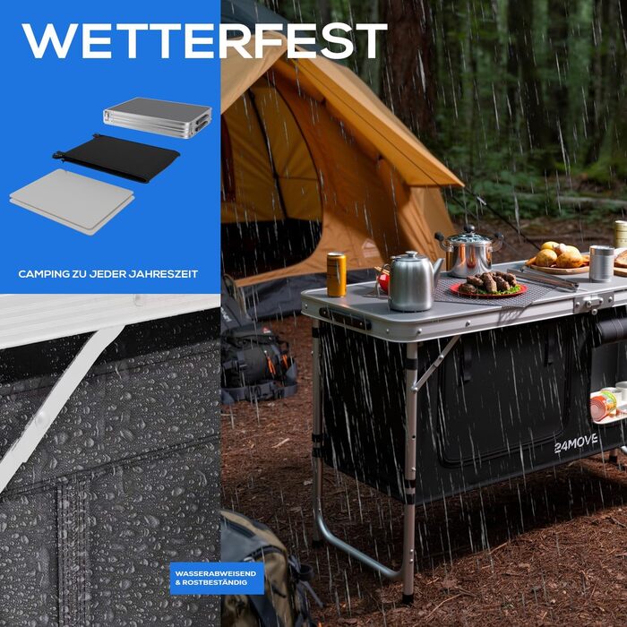 Складана кемпінгова кухня, алюмінієва шафа для кемпінгу з регульованою висотою, дорожня кухня з робочою поверхнею та відділеннями для зберігання, для кемпінгу на свіжому повітрі, включаючи сумку для перенесення 120x47x70, чорна, Praia, 24MOVE