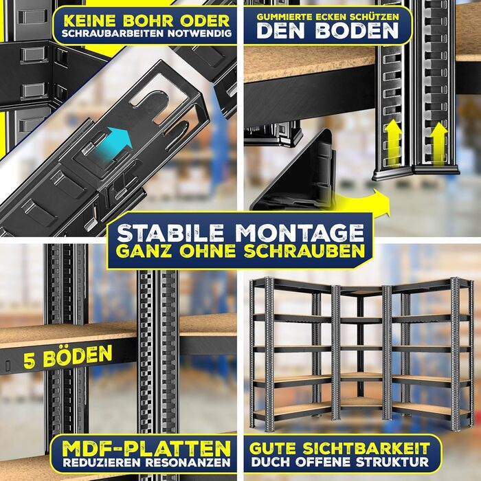 Комплект металевих стелажів MASKO з 3 предметів 1 кутова полиця та 2 стелажі, по 15 полиць кожен Полиця з МДФ панелей, вантажопідйомність 2625 кг, полиця для майстерні, полиця для підвалу, полиця для гаража, надміцні стелажі, стелаж без болтів, чорний