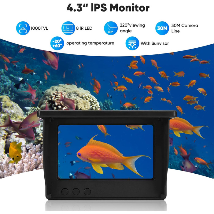 Ехолот, камера для підводної риболовлі з IPS-дисплеєм, ширококутним кутом нічного бачення 220, водонепроникний ехолот IP67, ідеально підходить для морської, річкової та підлідної риболовлі.