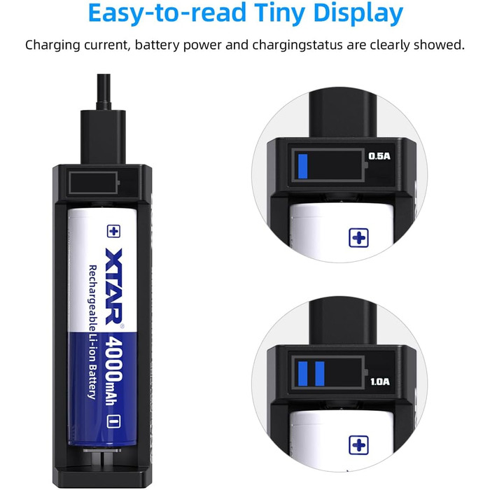 Зарядний пристрій XTAR MC1 Plus USB-C для літій-іонних акумуляторів 18650, 21700, 26650, 14500, 18350 - розумний зарядний пристрій 0,5A/1A з РК-дисплеєм, активацією 0V, відновленням після перерозряду, швидкою зарядкою через USB-C