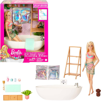 Серія Barbie Self-Care, ванна з конфетті, лялька Barbie зі світлим волоссям, купальник, цуценя, 2 набори мила Confetti, аксесуари