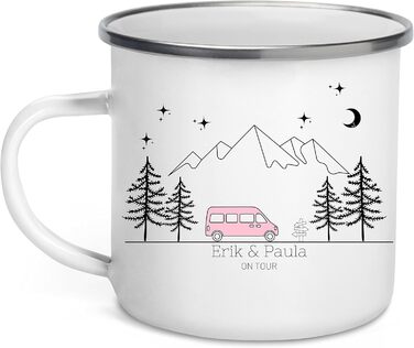 Емальована кружка &quotМаленька Матильда&quot, барвиста персоналізована кемпінгова кружка з іменем для кемпінгу, кавова кружка, аксесуар для каравану, кружка з нержавіючої сталі, подарунок для кемперів (рожевий кемпер)