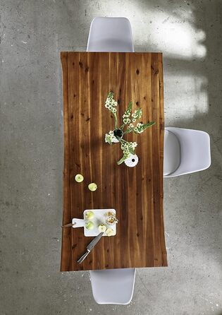 Обідній стіл SAM Esra, 120 x 80 см, масив акації, коньячного кольору, стіл з натуральним краєм та чорним металевим каркасом, обідній стіл зі стільницею з натуральним краєм 26 мм, справжній натуральний край, 120 x 80 см, коньячний/чорний