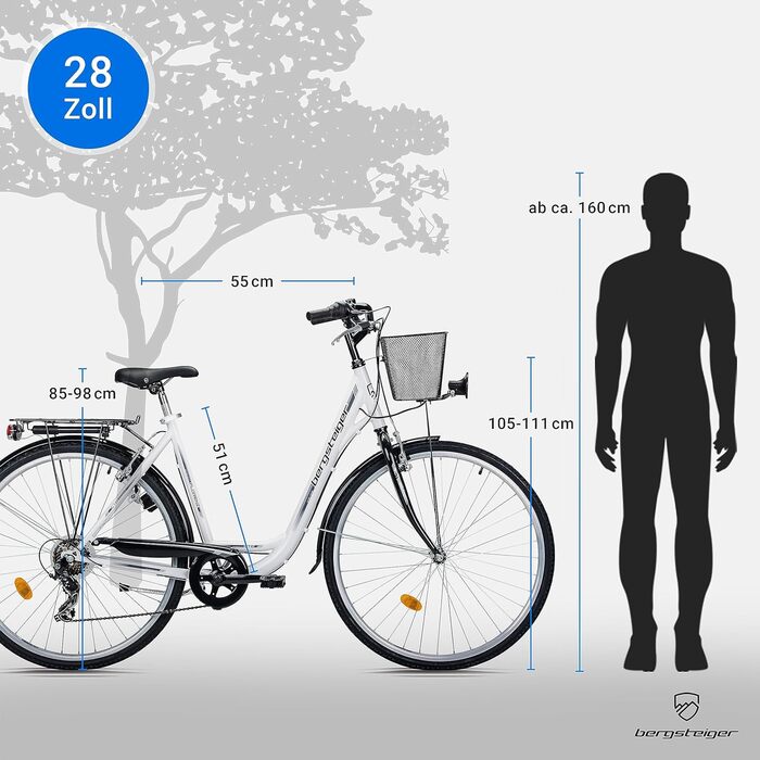 Жіночий велосипед Bergsteiger Florenz 28 дюймів з кошиком, ліхтарями та передачами, підходить для зросту від 160 см, жіночий велосипед із 7-швидкісними передачами, ретро жіночий велосипед, чорний