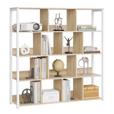 Окремостояча полиця eSituro, 4-ярусна книжкова шафа, полиця для зберігання, кухонна полиця, кутова полиця, окремостояча полиця з пристроєм проти перекидання, виготовлена з металу, 120x30x120 см, світлий дуб білий