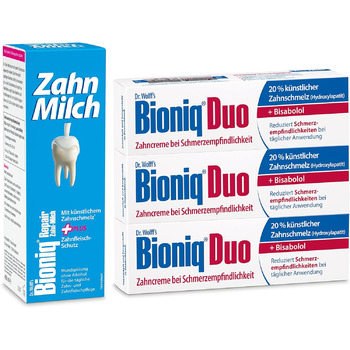 Зубна паста Bioniq Duo, 3 x 75 мл і Tooth Milk, 1 x 400 мл в наборі - Захист для чутливих зубів Відновлююча зубна паста та ополіскувач для порожнини рота зі штучною зубною емаллю Без фтору