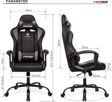 Ігрове крісло IWMH, ергономічне комп&39ютерне крісло з високою спинкою, регульоване по висоті поворотне крісло, гоночне крісло з підлокітниками, регульованим підголівником та поперековою опорою (сіре)